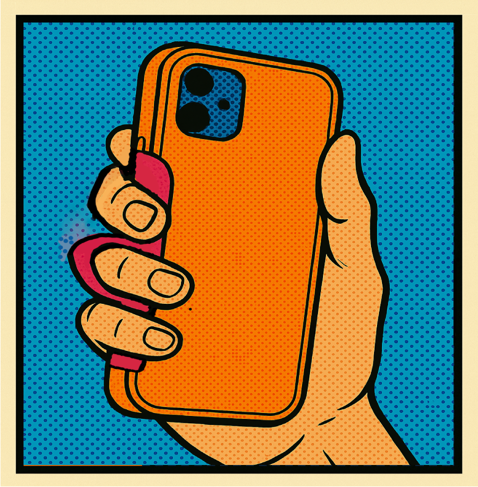 OrthoText Complete System - Hand holding phone with OrthoText device and tether providing secure ergonomic grip