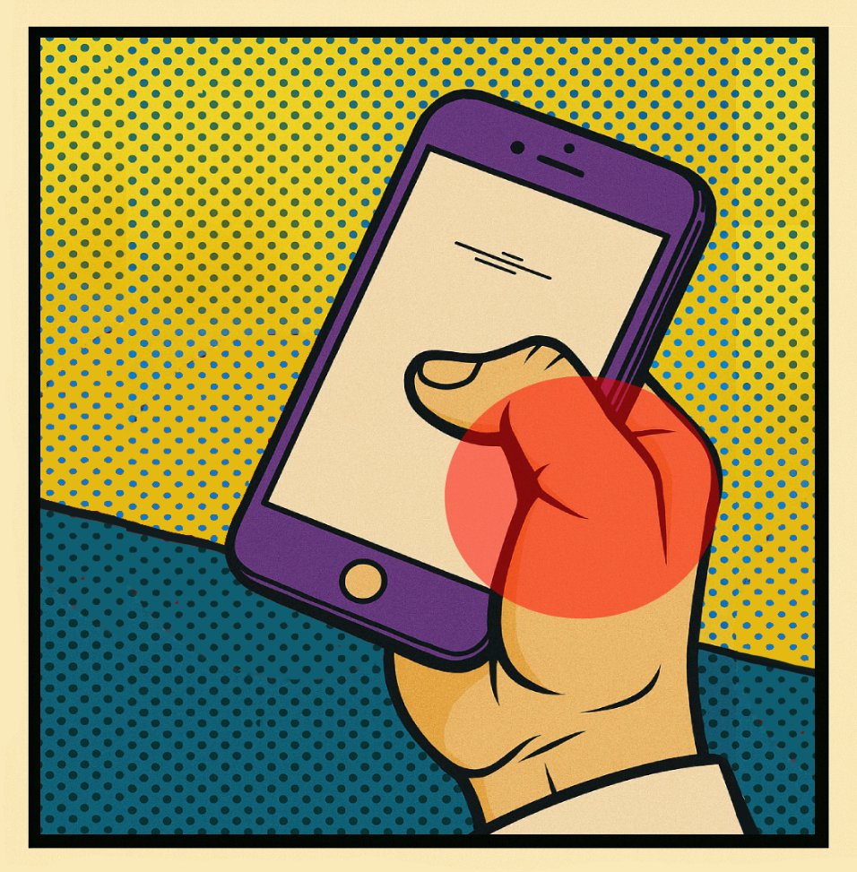 Textitis Thumb Pain - Comic illustration showing thumb strain from smartphone texting