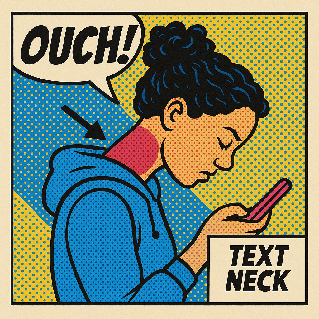Text Neck from looking down at phone - Comic style illustration