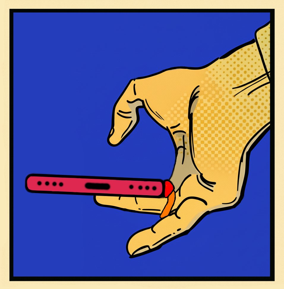 OrthoText Natural Grip - Comic illustration showing comfortable hand position with OrthoText tether