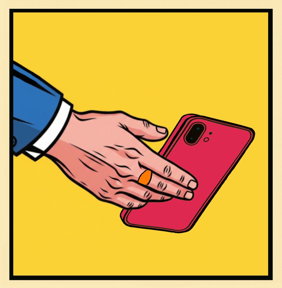 OrthoText Secure Grip - Comic illustration showing rear grip security with OrthoText device