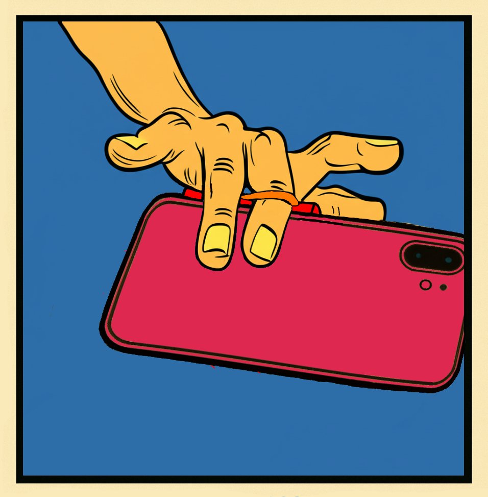OrthoText Tether System - Comic illustration showing finger insertion through flex-tether