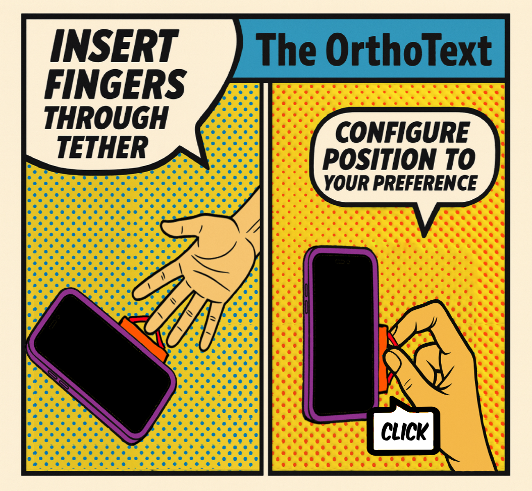OrthoText Comic Instructions - Insert fingers through tether and configure position to your preference